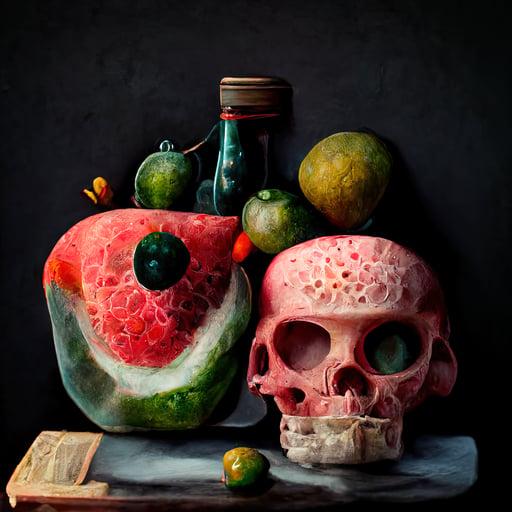 Still life with watermelons and skull. 001