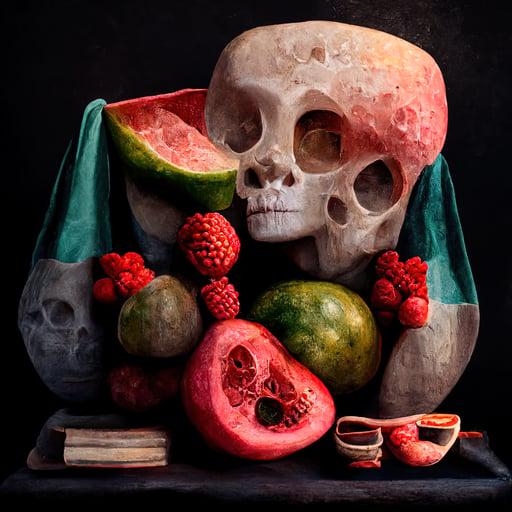 Still life with watermelons and skull. 002