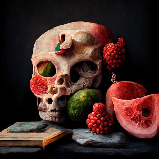 Still life with watermelons and skull. 003