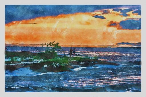 Watercolor - Evening Fishing at Sunset