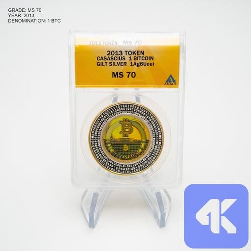 2013 Gold-Plated Fine Silver Unpeeled 1 Bitcoin (BTC) Casascius Coin ANACS Graded MS 70