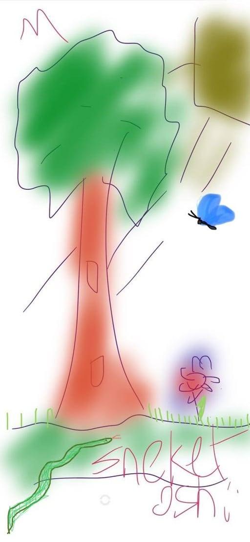 hand-drawn tree, flower, butterfly, and snake