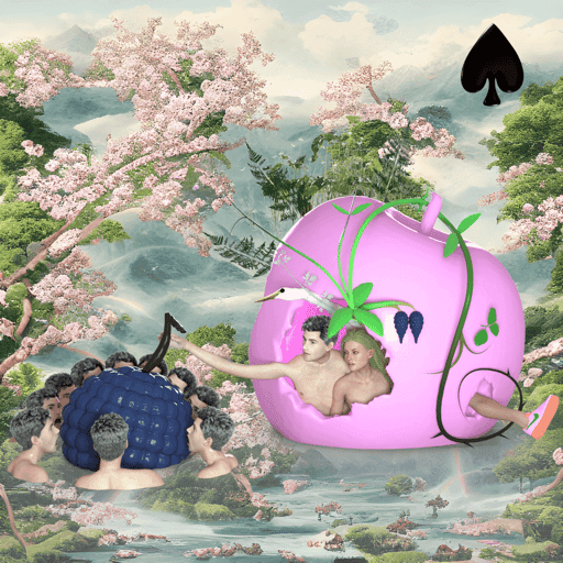 #424 | Group feeding alongside lovers in a Mega-Apple scene with background seed 125 and a Black Spade card suit