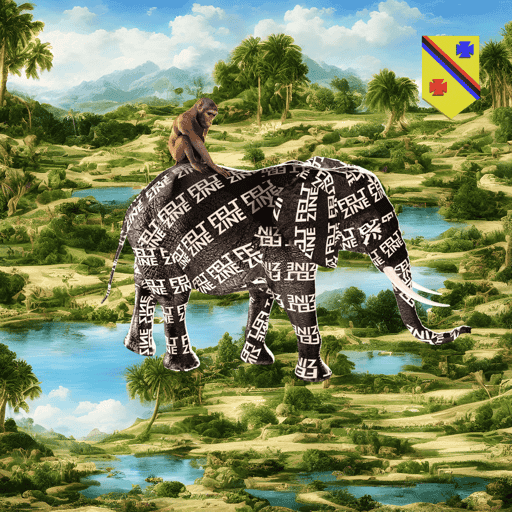 #423 | Monkey riding an elephant covered in Felt Zine Logos scene with background seed 564 and a Shield (Swiss-German) card suit