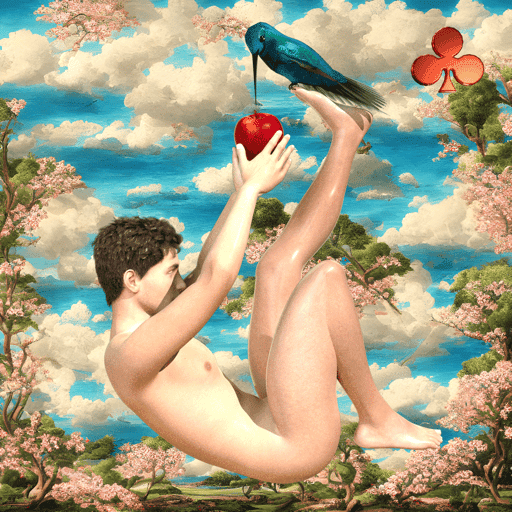 #419 | Bird perched on mans foot eating apple scene with background seed 653 and a Red Club card suit