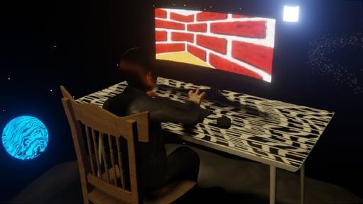 Desktop #28: The Business in the French Wood Chair With a Hanging Light and a Maze Monitor on a Pattern Table in Space