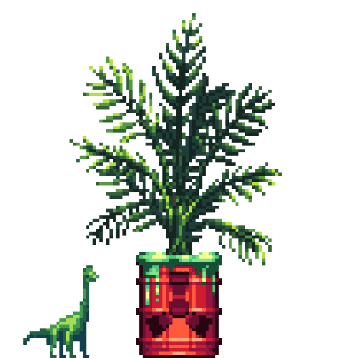 Areca Palm in Radioactive Waste pot with Toy Dinosaur